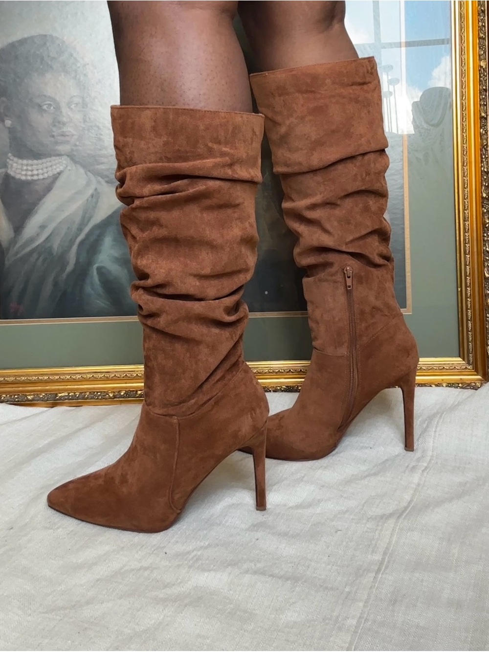 Y2k cinnamon Brown Slouch Knee High Boots Pointed Toe Stiletto Heels Faux Suede